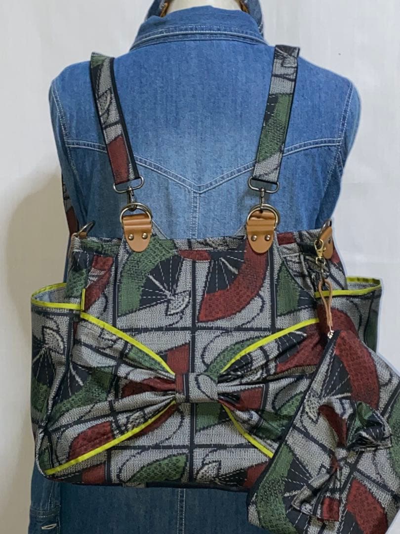 大島紬&岡山デニム☆Mサイズ☆4way♪あおりバッグ☆ポーチ付き