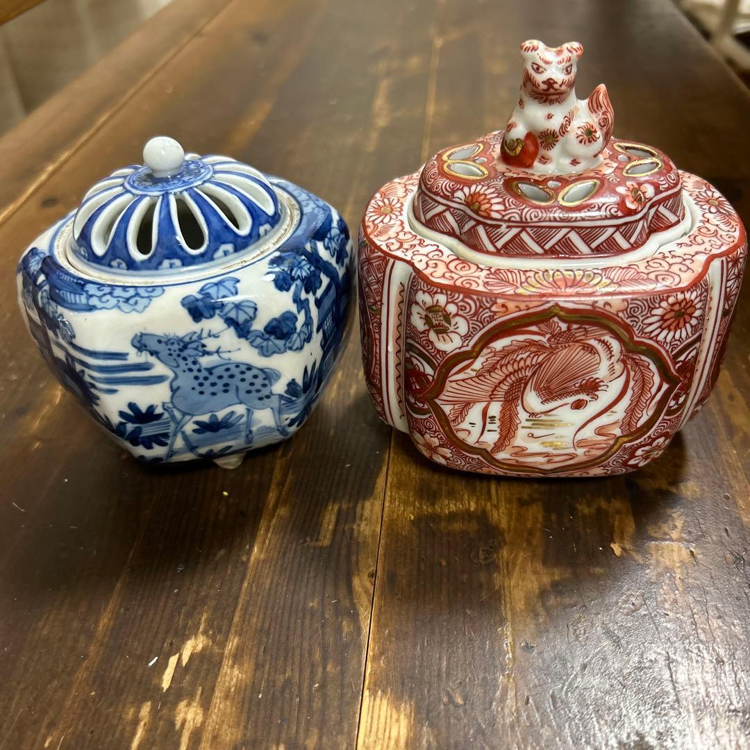九谷焼　骨董品　美術品　古物　香炉2つ　角福　赤絵　染付