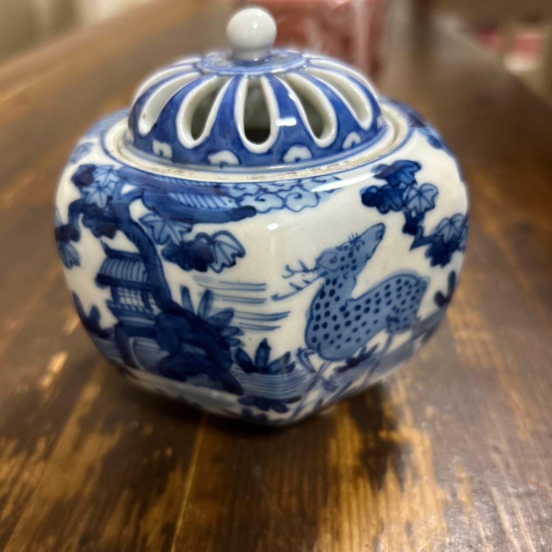 九谷焼　骨董品　美術品　古物　香炉2つ　角福　赤絵　染付