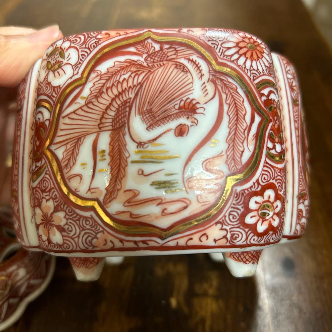 九谷焼　骨董品　美術品　古物　香炉2つ　角福　赤絵　染付