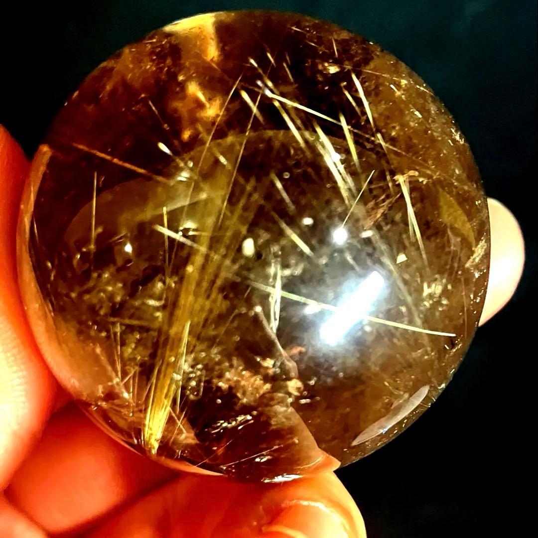 42mm 虹入りゴールドルチルクォーツ　丸玉　スフィア　金針水晶