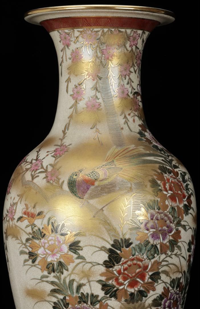 【豪華絢爛】薩摩焼 光山造 色絵金彩花鳥文飾壺 特大花瓶 高さ63.5㎝ 古美術