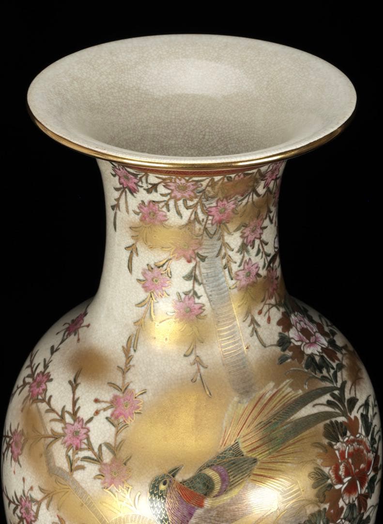 【豪華絢爛】薩摩焼 光山造 色絵金彩花鳥文飾壺 特大花瓶 高さ63.5㎝ 古美術