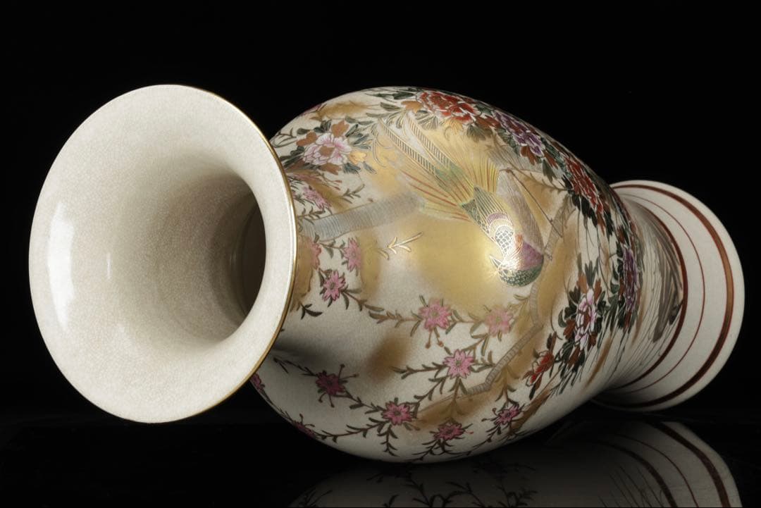 【豪華絢爛】薩摩焼 光山造 色絵金彩花鳥文飾壺 特大花瓶 高さ63.5㎝ 古美術