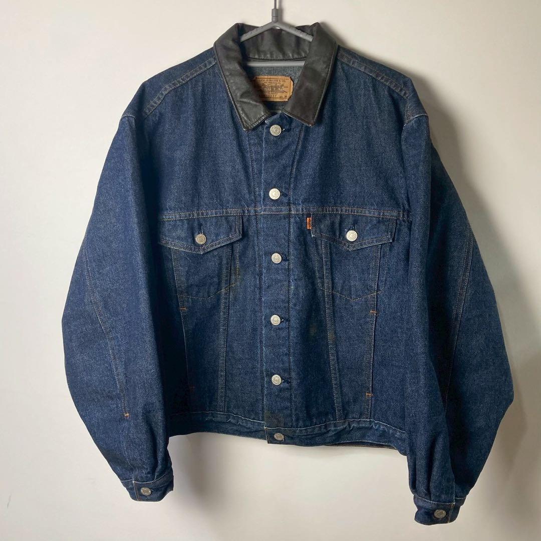 80's Levi's デニムジャケット　襟レザー　裏地ブランケット　短丈　M