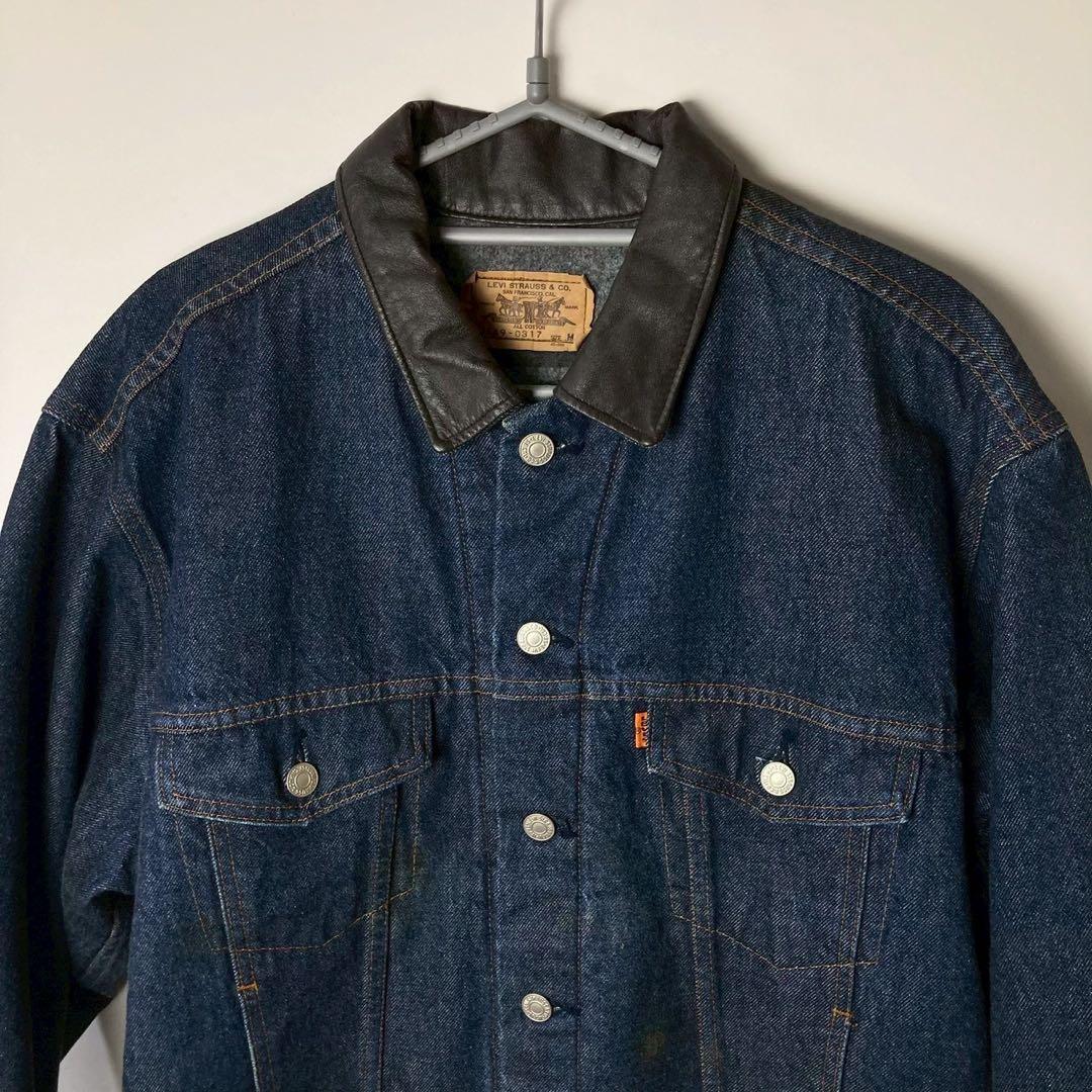 80's Levi's デニムジャケット　襟レザー　裏地ブランケット　短丈　M