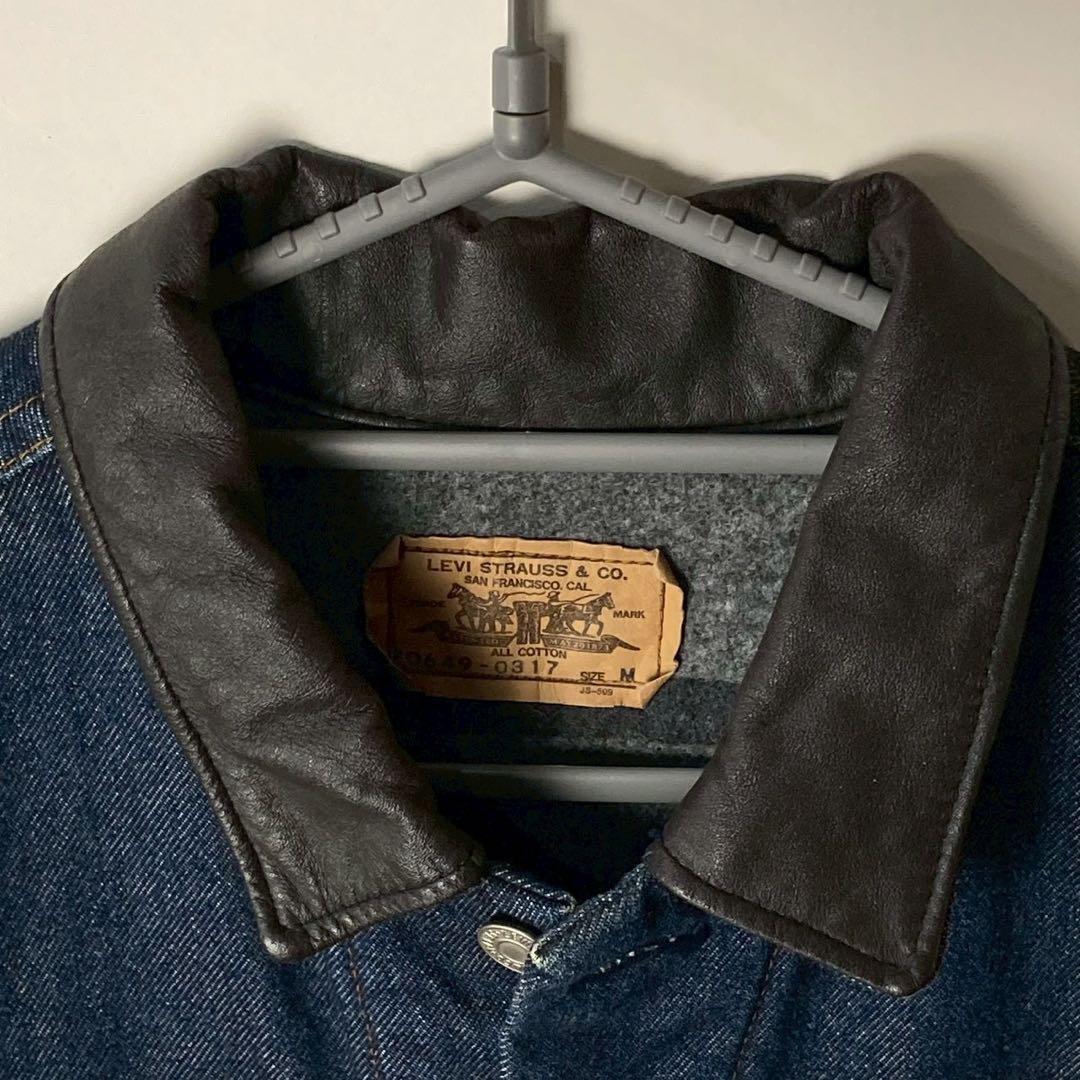 80's Levi's デニムジャケット　襟レザー　裏地ブランケット　短丈　M
