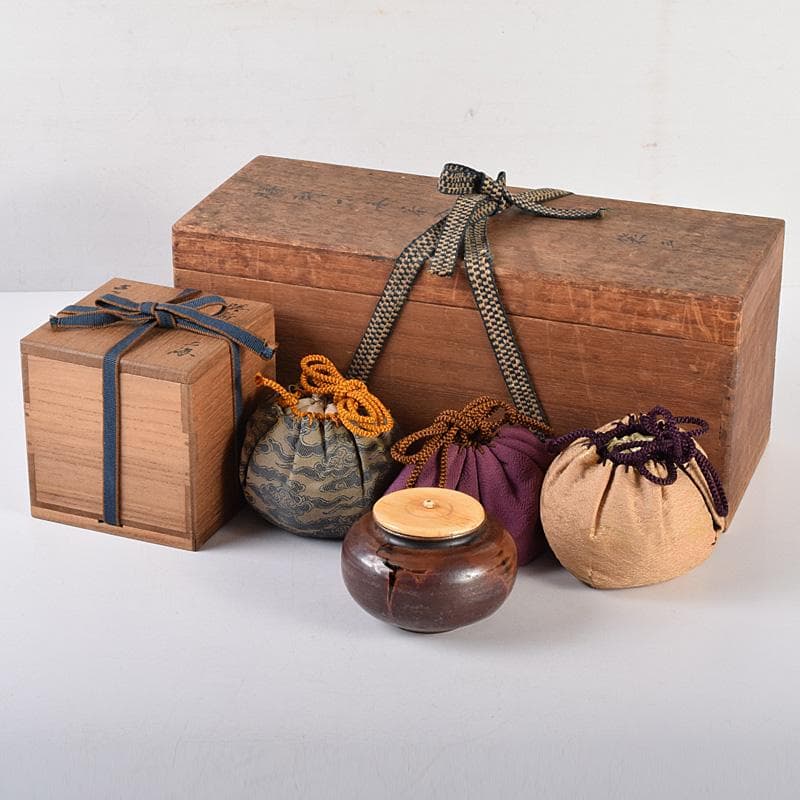 Gojyo 茶入　仕覆三点　啐啄斎極め箱　碌々斎書付二重箱　F　R7745