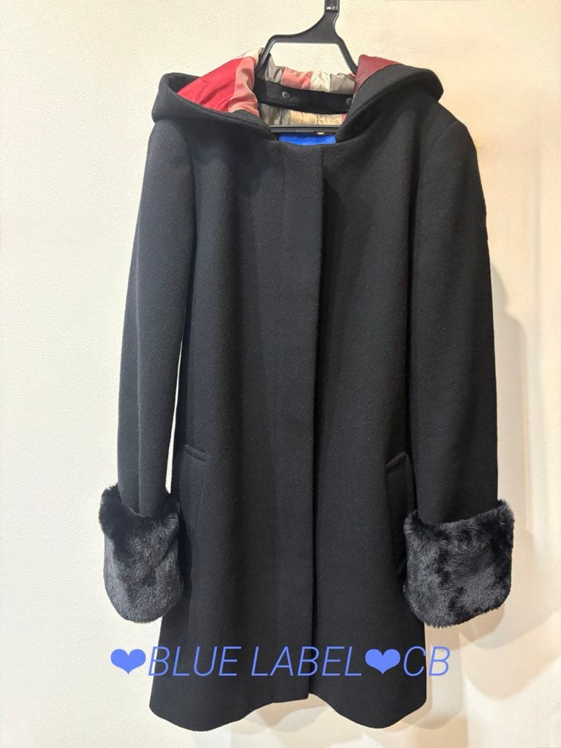 極美品☆ブルーレーベルクレストブリッジ CBチェック ファー コート黒36