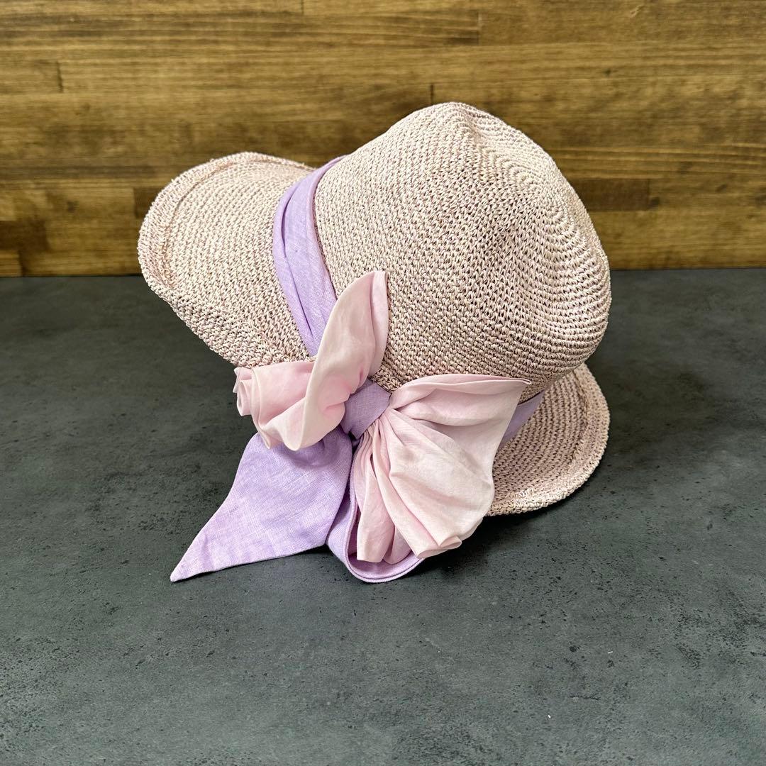 CA4LA 女優帽　麦わら帽子　リボン　和紙　サイズ調整可能　ピンクパープル