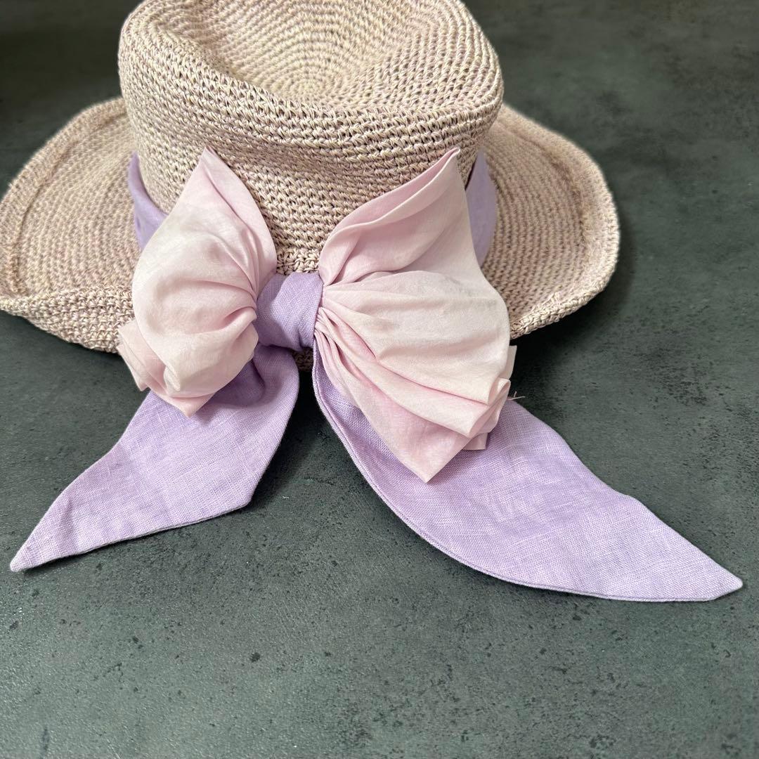 CA4LA 女優帽　麦わら帽子　リボン　和紙　サイズ調整可能　ピンクパープル