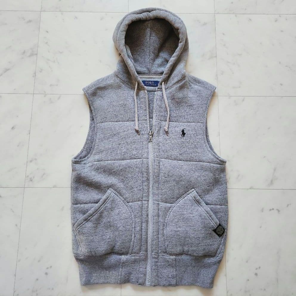 美品 ラルフローレン 中綿ベスト ポニー刺繍 フード付き グレー 男女兼用