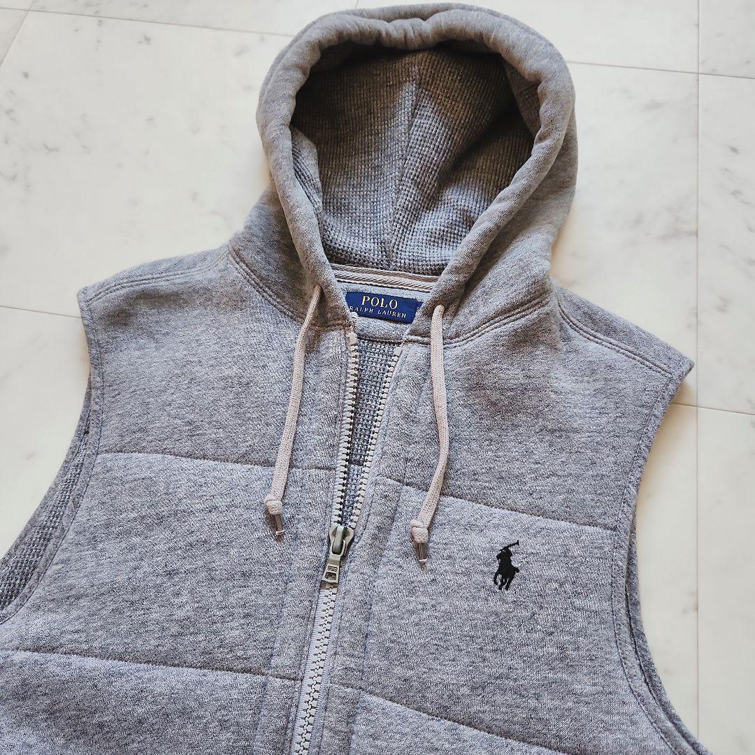 美品 ラルフローレン 中綿ベスト ポニー刺繍 フード付き グレー 男女兼用