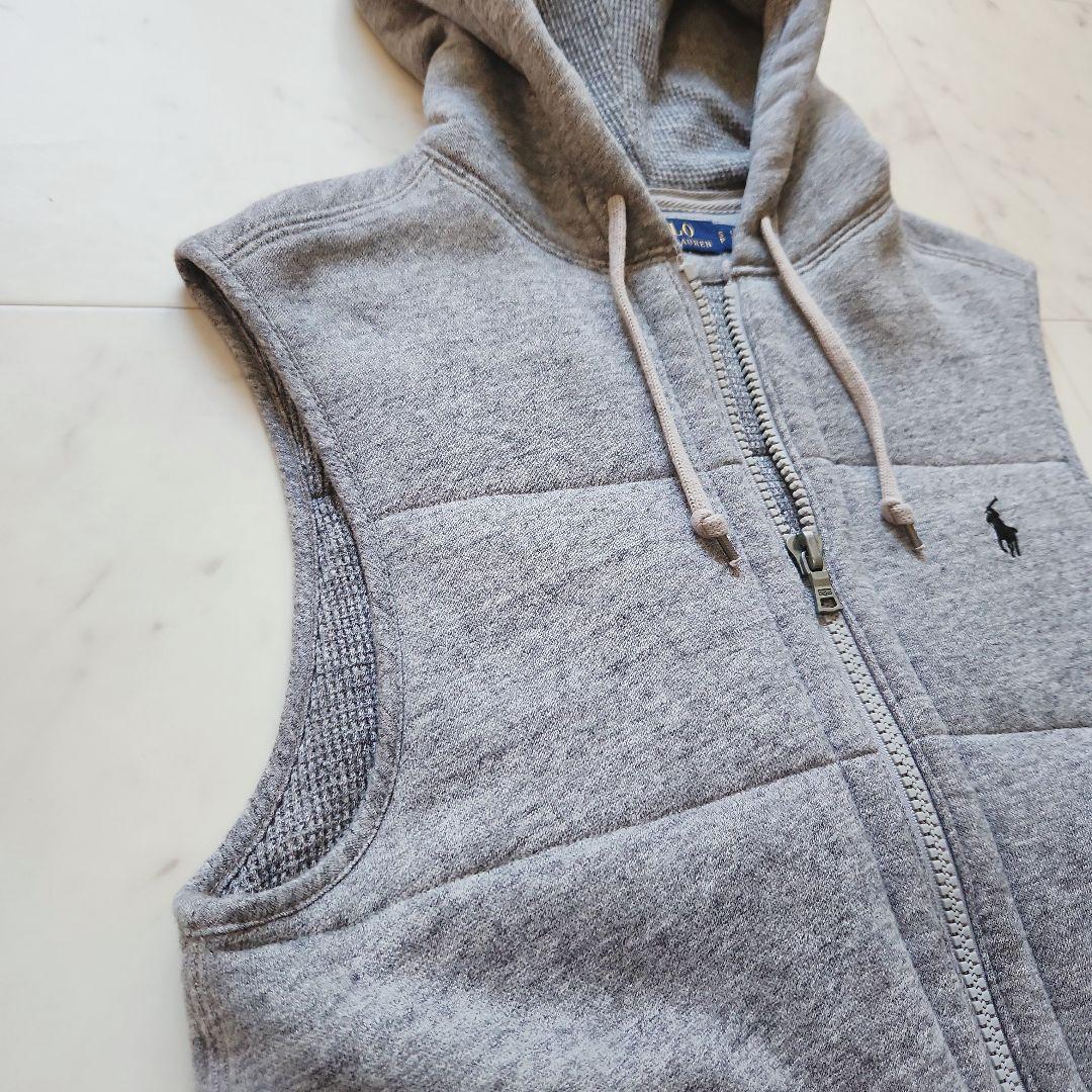 美品 ラルフローレン 中綿ベスト ポニー刺繍 フード付き グレー 男女兼用