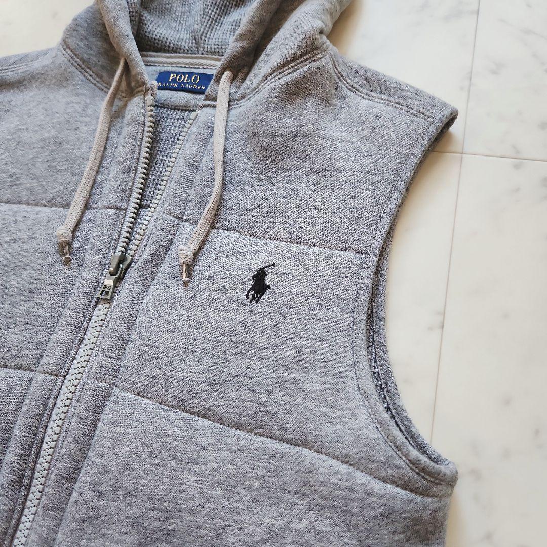 美品 ラルフローレン 中綿ベスト ポニー刺繍 フード付き グレー 男女兼用
