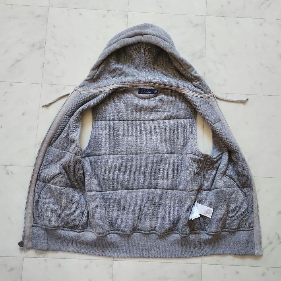 美品 ラルフローレン 中綿ベスト ポニー刺繍 フード付き グレー 男女兼用