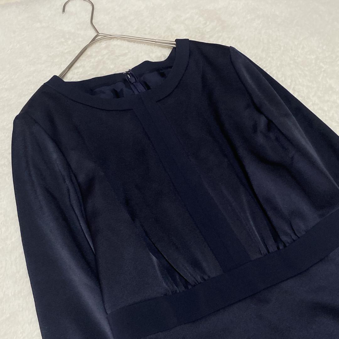 DE0077【アナイ】ワンピース【36】ミディ丈 フレア 長袖 濃紺 光沢感近年