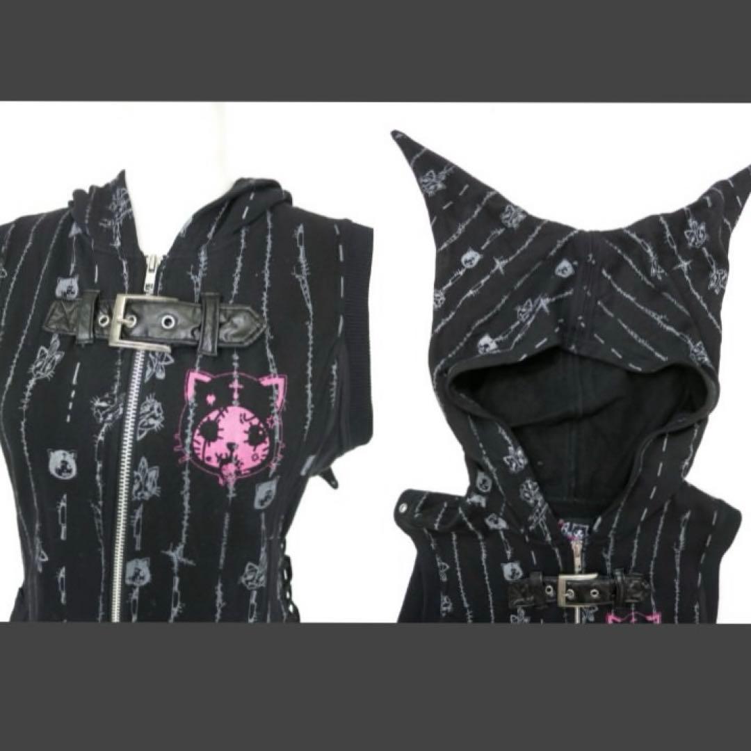 h.NAOTO HANGRY&ANGRY 悪魔耳ノースリーブパーカー　編み上げ