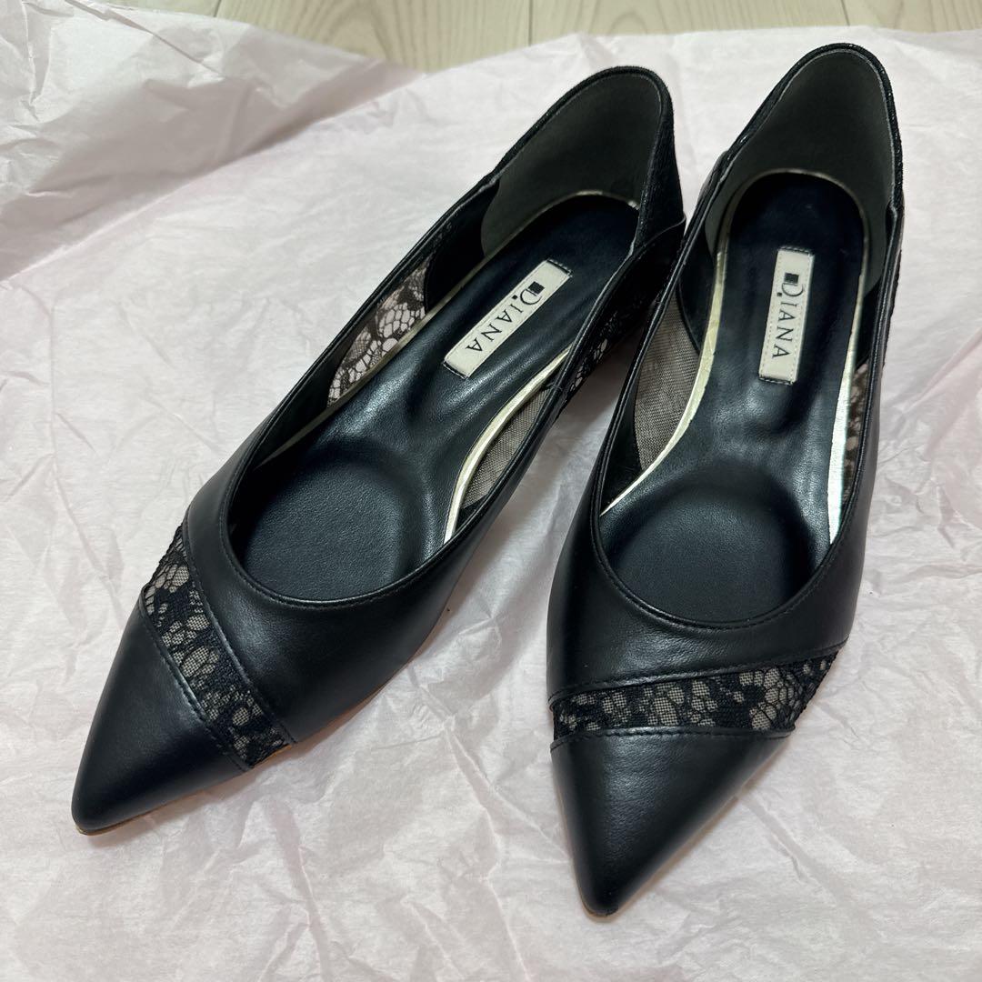 DIANA ダイアナ ブラック 黒 レースフラットシューズ 23.5