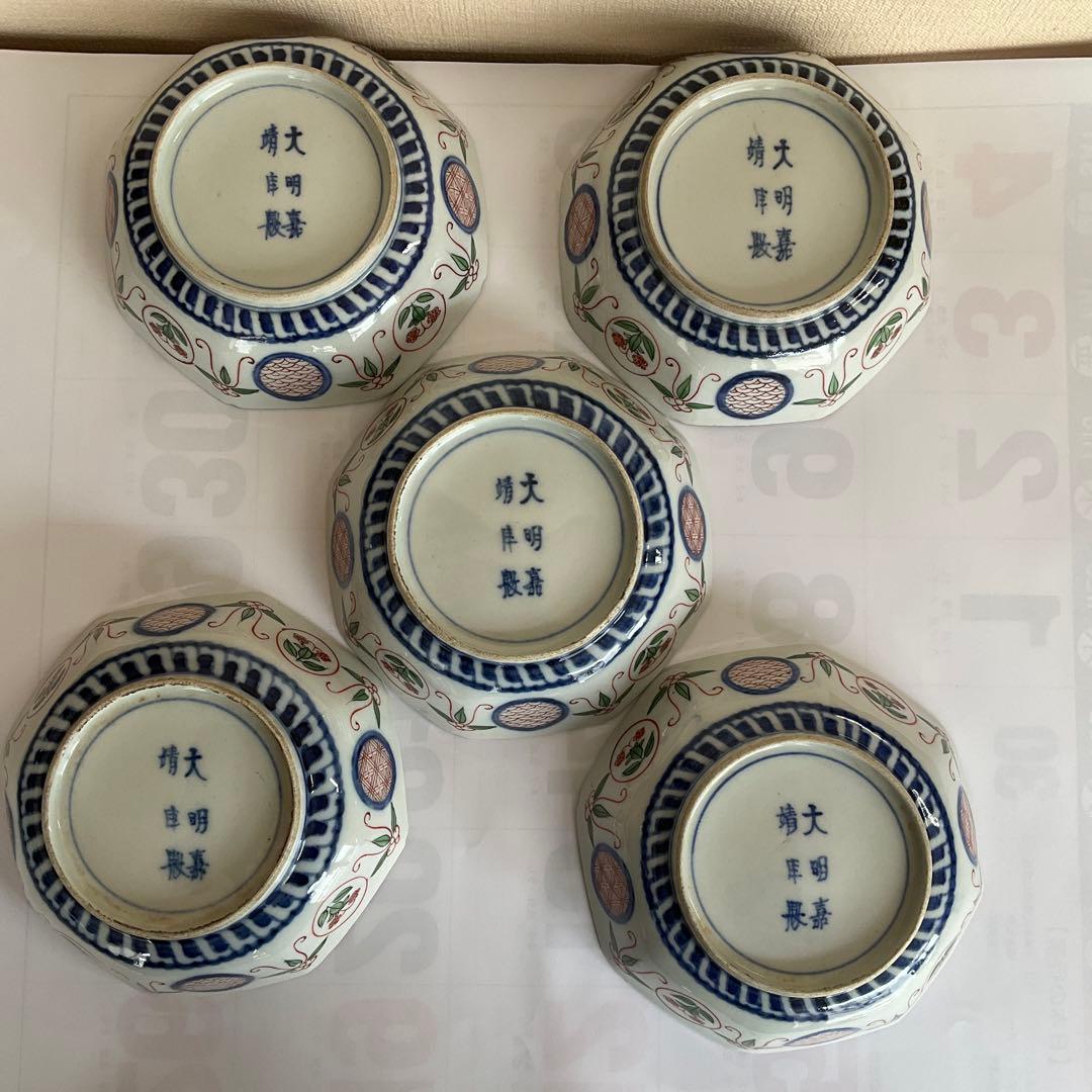 伊万里焼　染錦鳳凰草花文八角向付(鱠皿) 5客揃　江戸時代中期〜後期頃