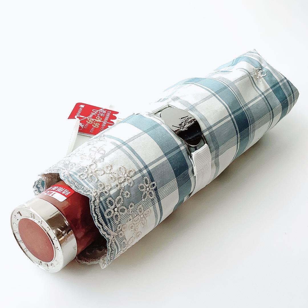 新品★ポロラルフローレン★チェック刺繍 晴雨兼用折りたたみ日傘 雨傘★ブルー白