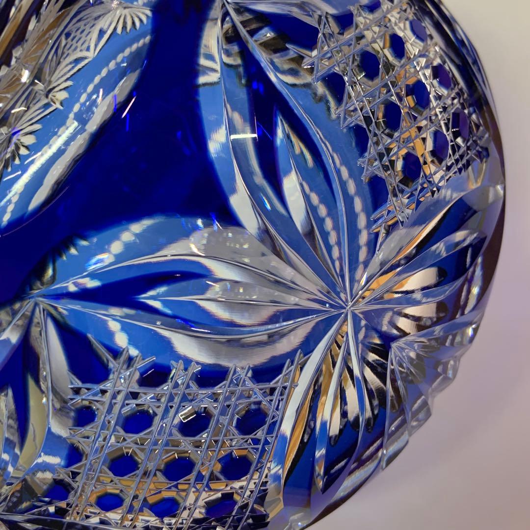 【未使用】カガミクリスタル 江戸切子 花瓶 伝統工芸士木村秋男氏デザイン 青色