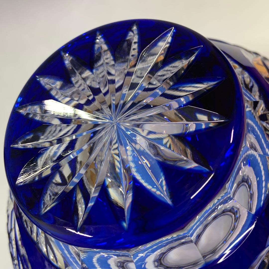 【未使用】カガミクリスタル 江戸切子 花瓶 伝統工芸士木村秋男氏デザイン 青色