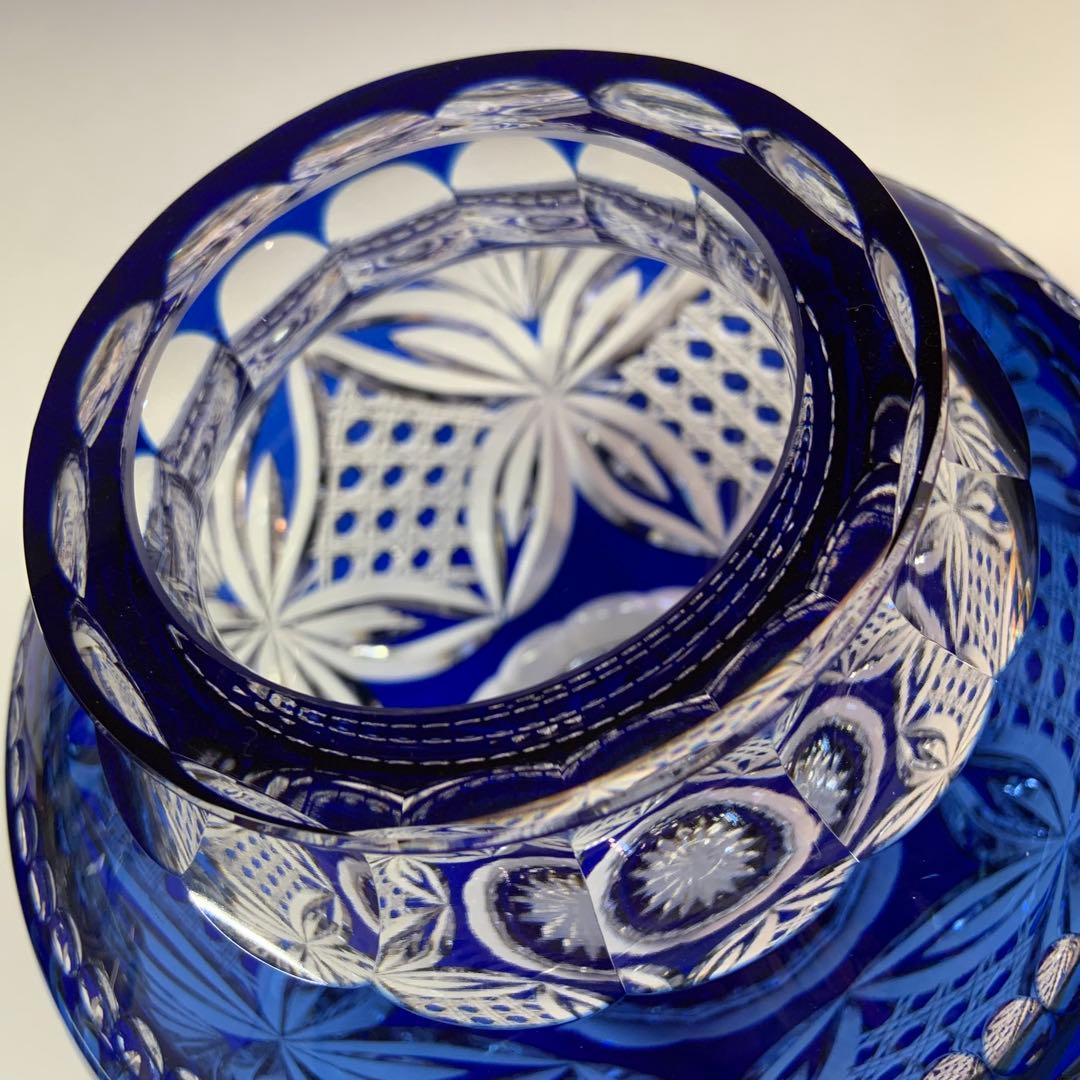 【未使用】カガミクリスタル 江戸切子 花瓶 伝統工芸士木村秋男氏デザイン 青色