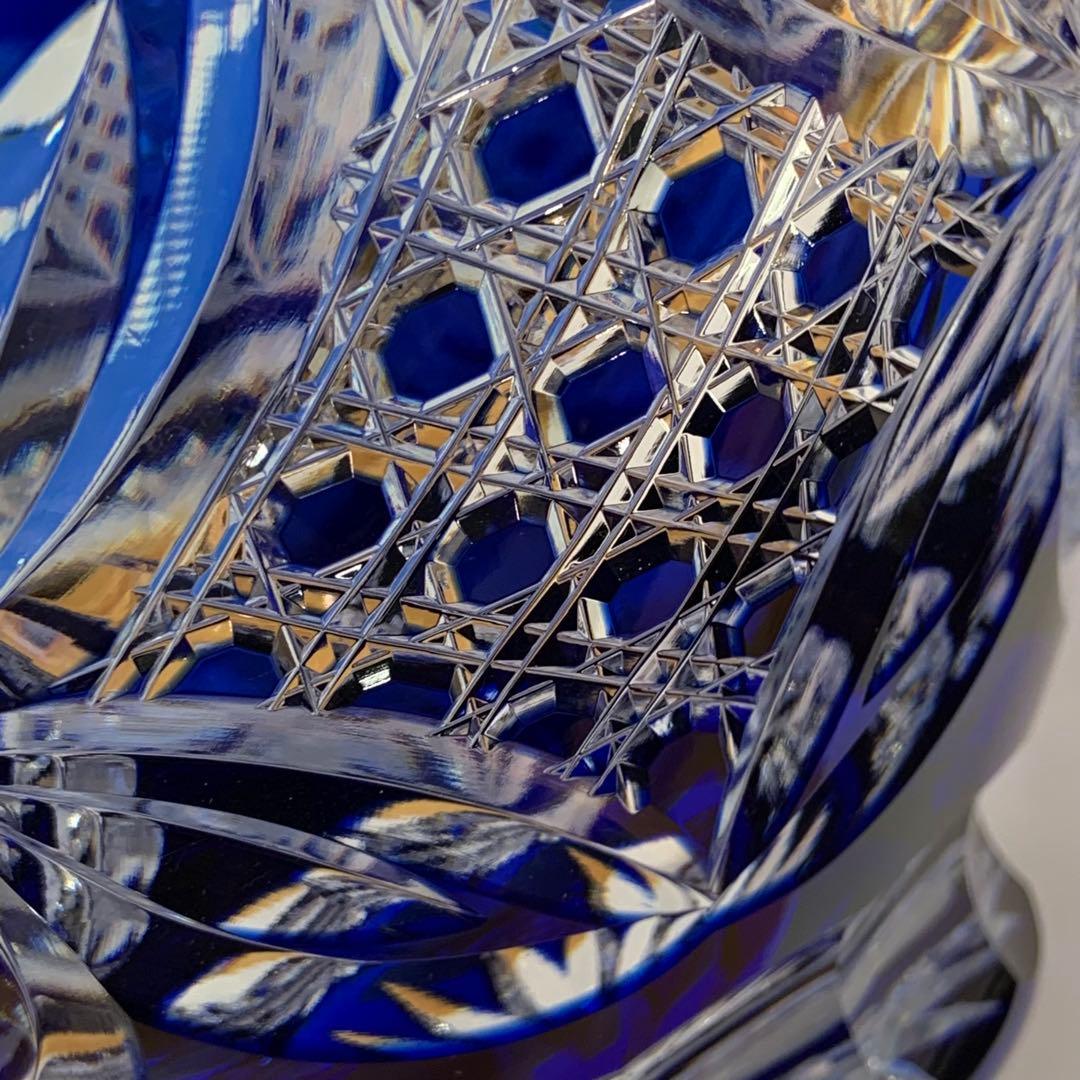 【未使用】カガミクリスタル 江戸切子 花瓶 伝統工芸士木村秋男氏デザイン 青色