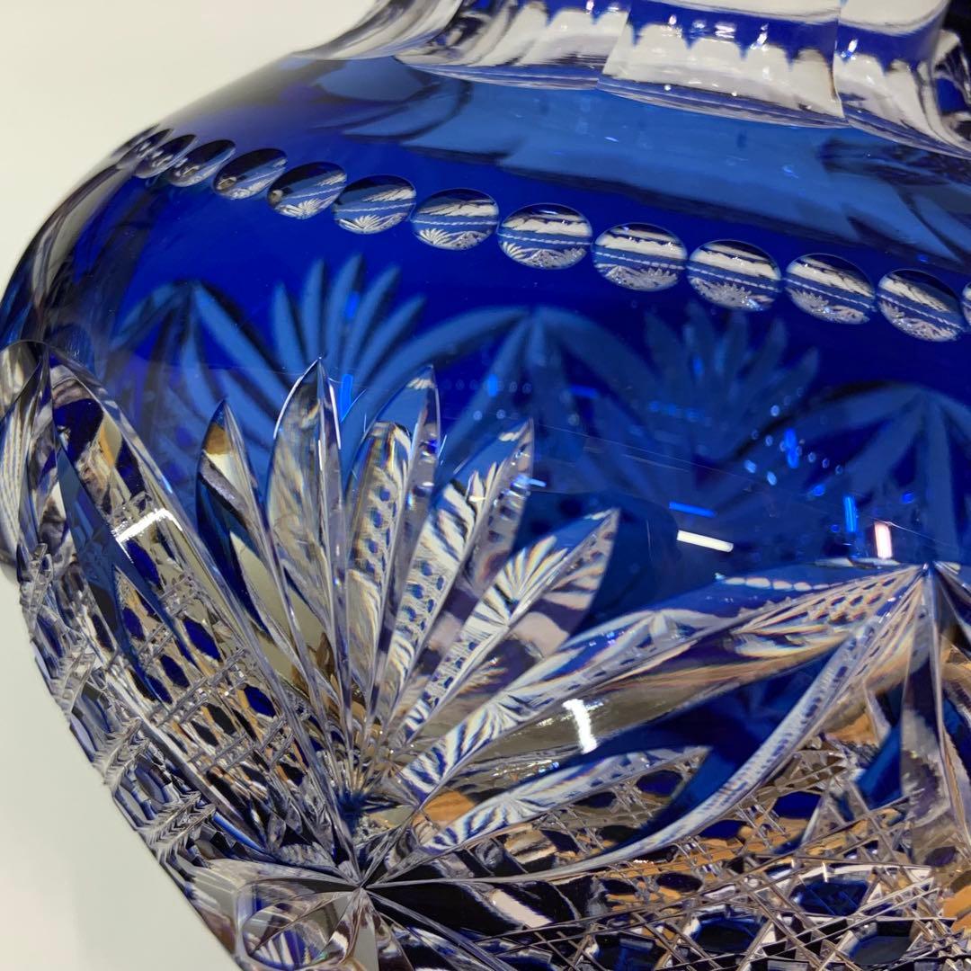 【未使用】カガミクリスタル 江戸切子 花瓶 伝統工芸士木村秋男氏デザイン 青色