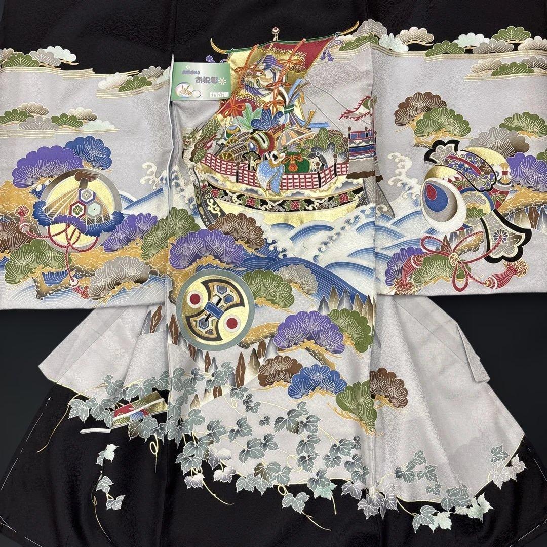 しき新品男子正絹産着祝着京友禅工芸染、特選豪華刺繍と本金宝船多色祝い波文