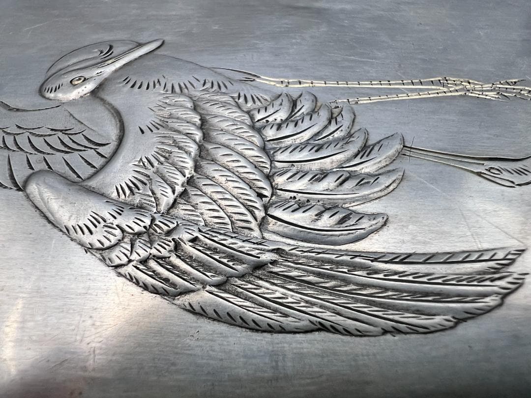 【海】銀製　秀山作　手彫　波鶴図　ケース　小箱　小物入れ　蓋のみ　約117g