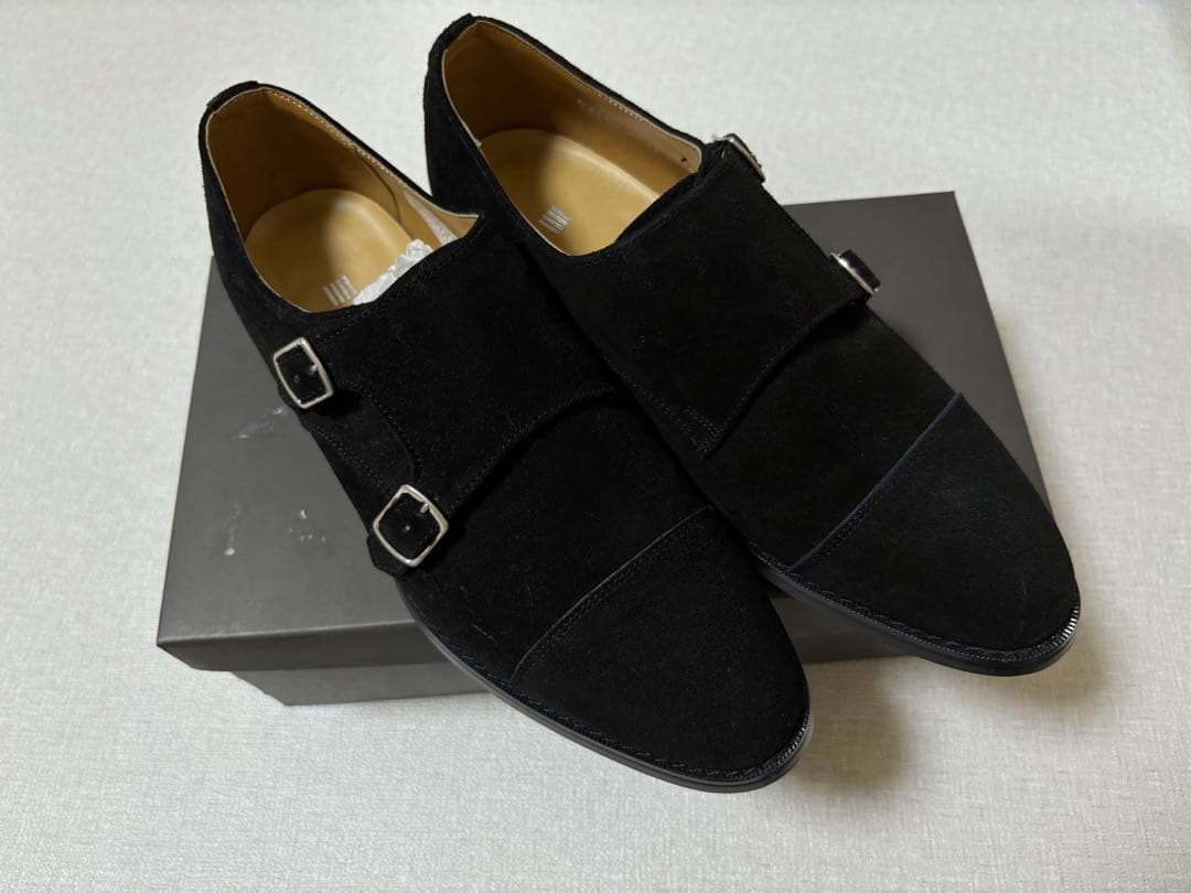 スーツセレクト　ブラック スエード ダブルモンクストラップ ドレスシューズ