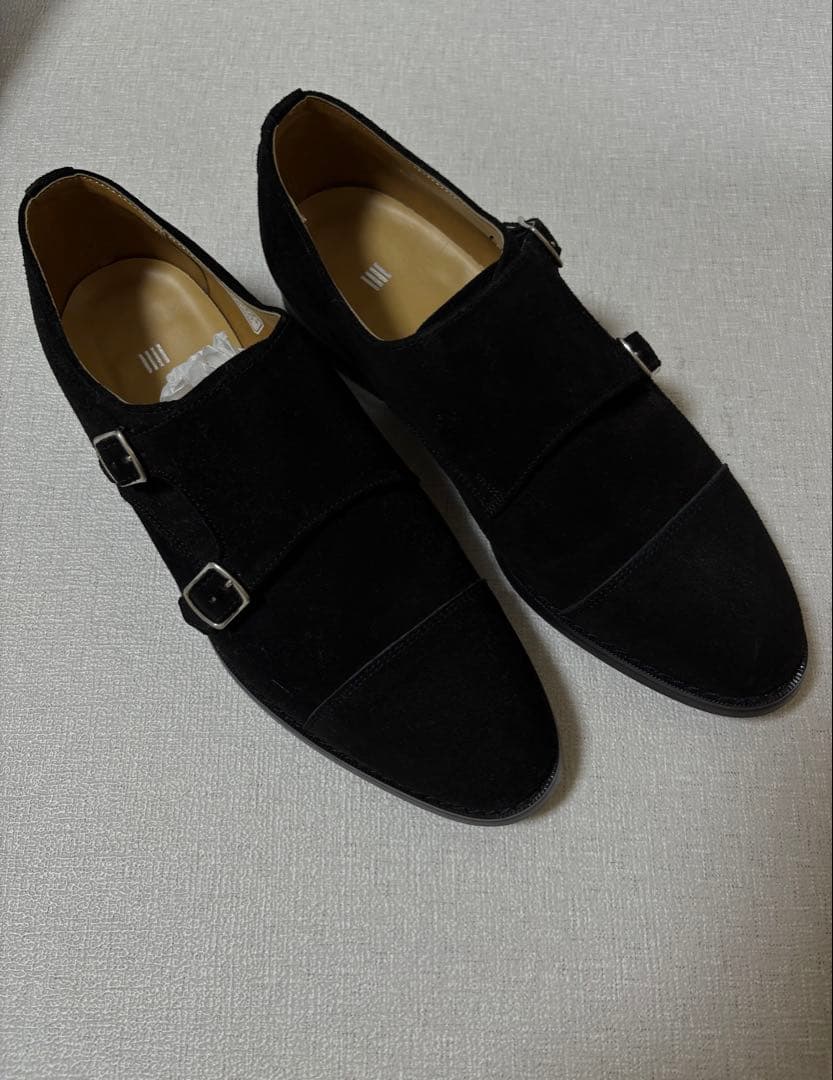 スーツセレクト　ブラック スエード ダブルモンクストラップ ドレスシューズ
