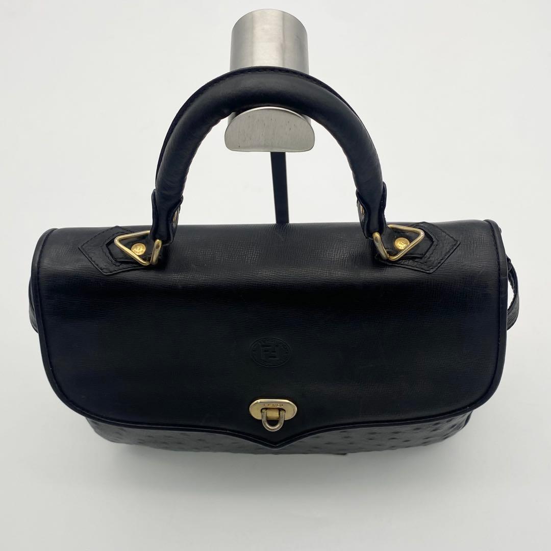 FENDI 2way ショルダーバッグ　FF型押し　オーストリッチ　レザー　黒