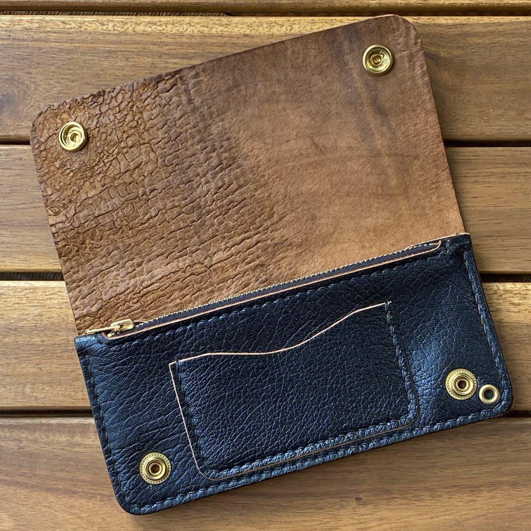 【茶芯・馬革】トラッカーウォレット　３層・ブラック・シボ