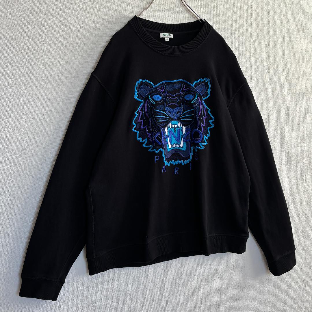 【名作・美品】KENZOケンゾー/スエット/刺繍ブルータイガー/ブラック/2XL