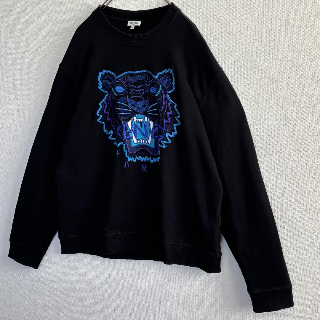 【名作・美品】KENZOケンゾー/スエット/刺繍ブルータイガー/ブラック/2XL