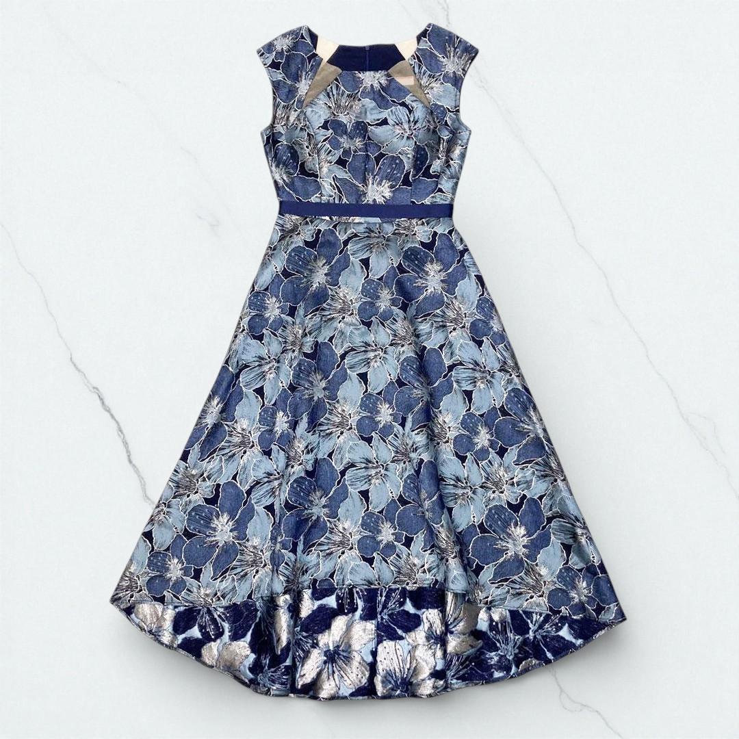 ERUKEI エルケイ フラワー刺繍 Aライン ミディアムドレス ネイビー