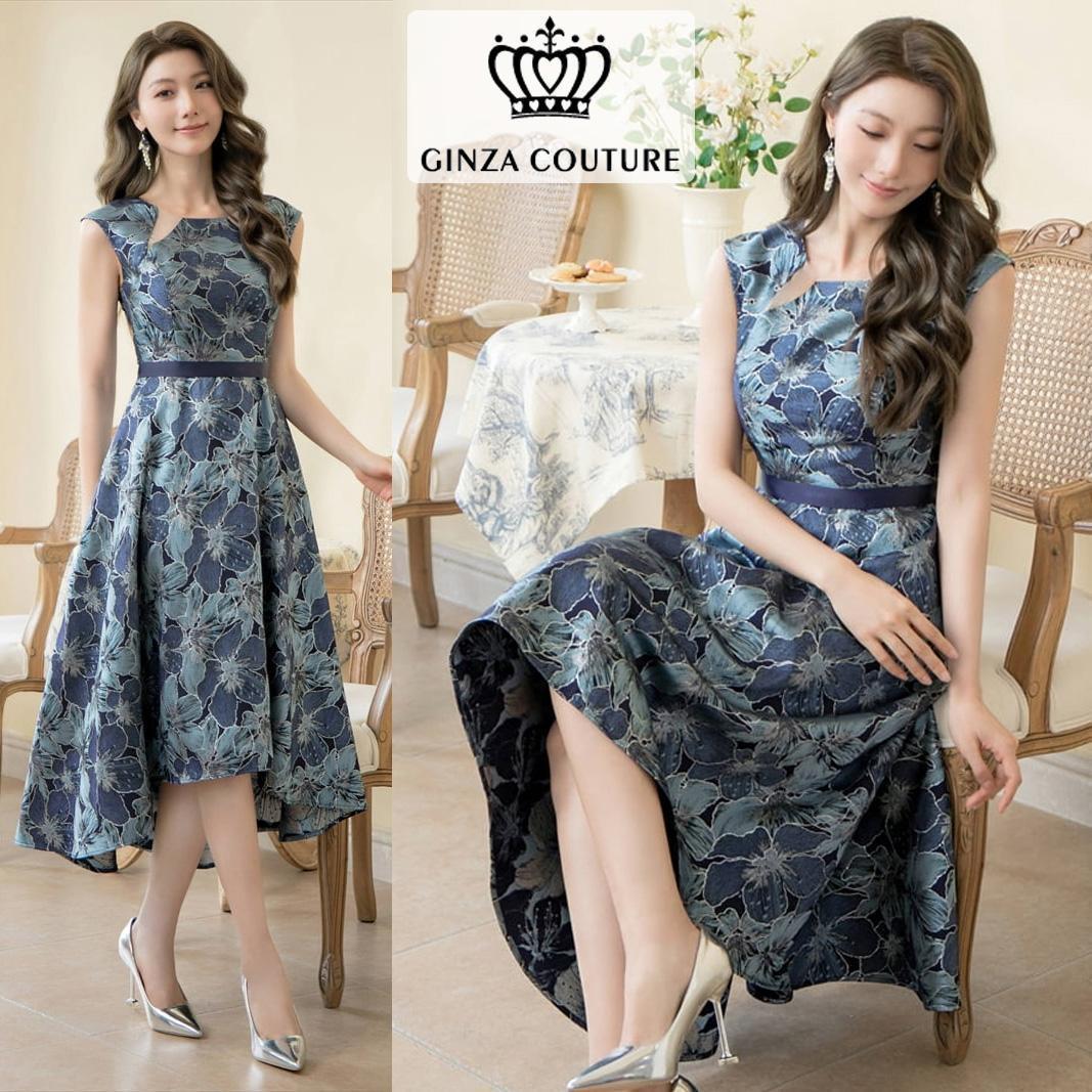 ERUKEI エルケイ フラワー刺繍 Aライン ミディアムドレス ネイビー