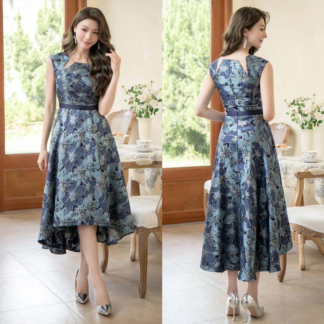 ERUKEI エルケイ フラワー刺繍 Aライン ミディアムドレス ネイビー