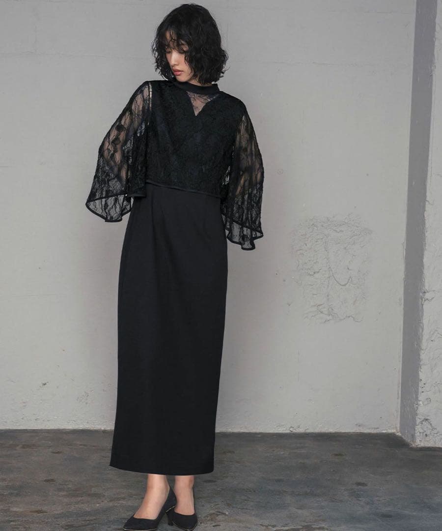 【M.H】レース ケープ Iライン ロング ワンピース パーティードレス