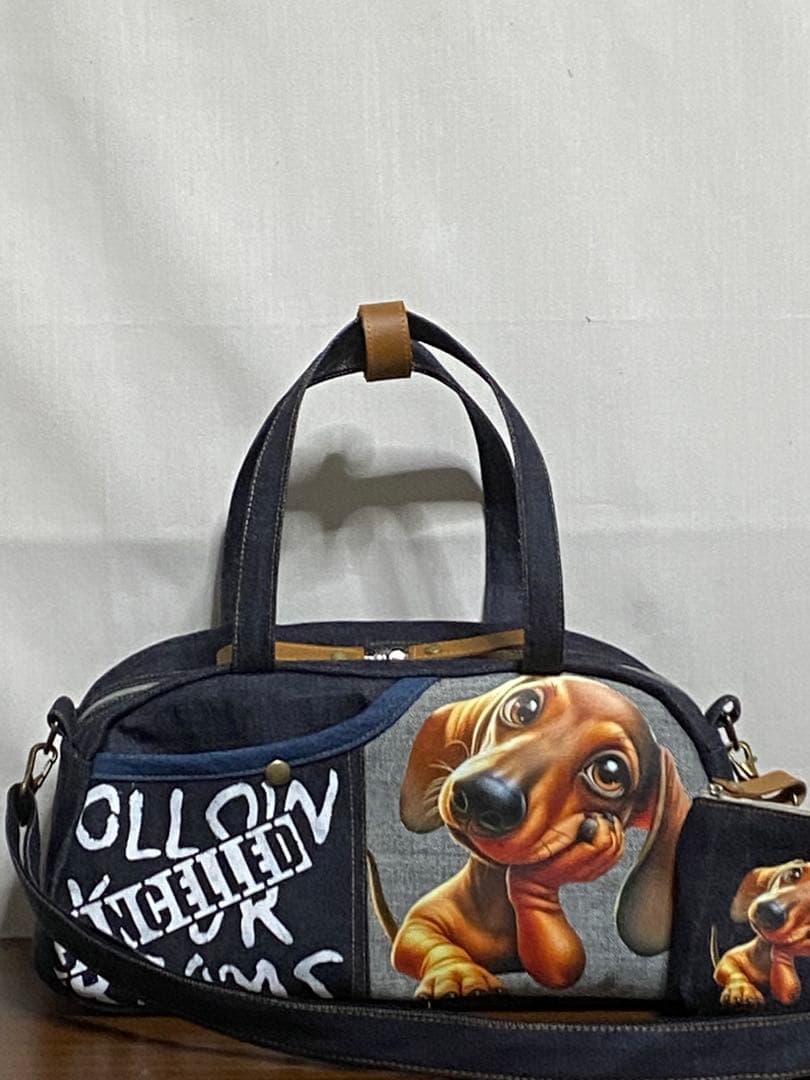 ハンドメイド☆岡山デニム☆ダックスフンド☆3way横長ボストンバッグ