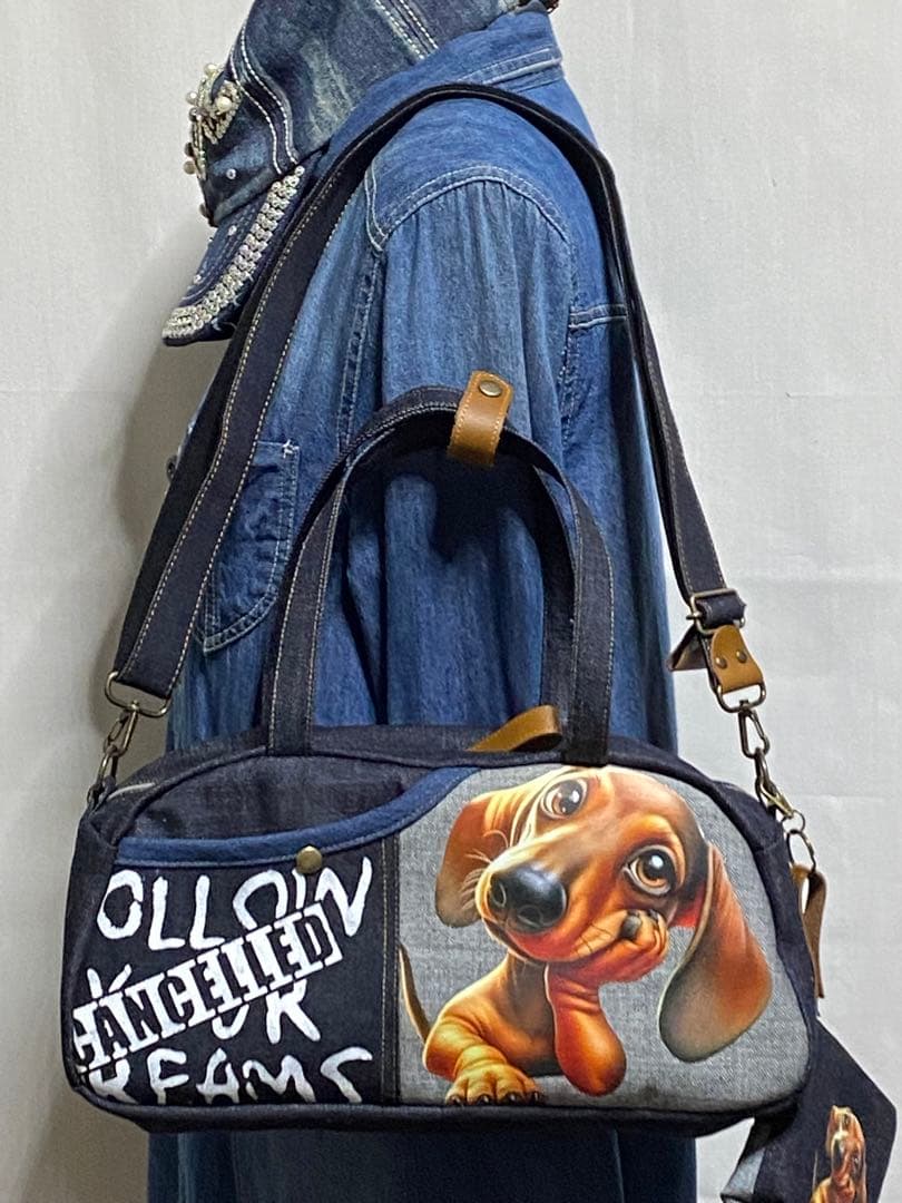ハンドメイド☆岡山デニム☆ダックスフンド☆3way横長ボストンバッグ