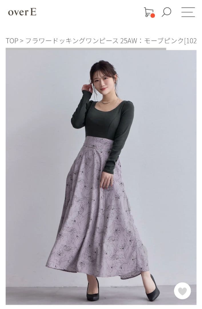 overE　フラワードッキングワンピース25AW 102サイズ　モーブピンク