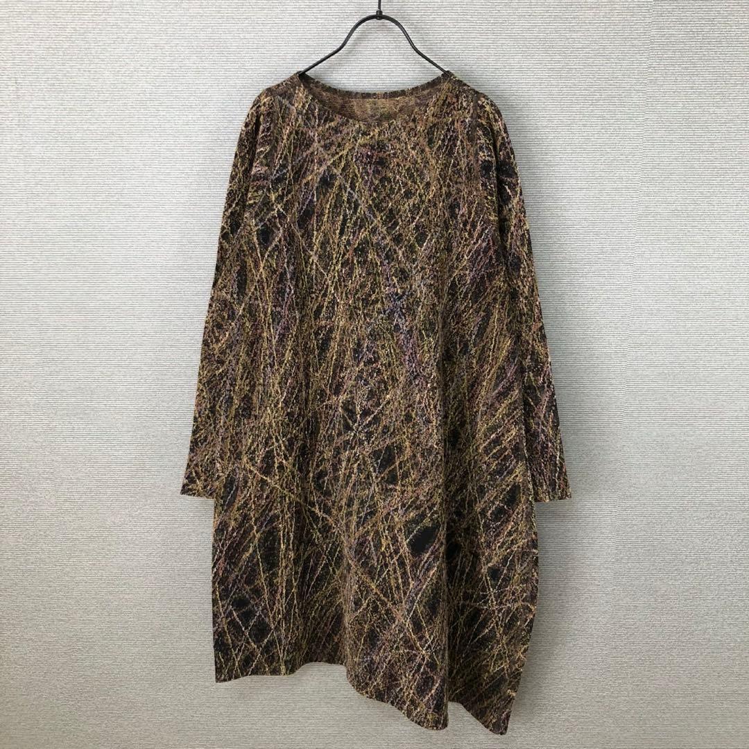 【美品】ヨーガンレール ウール 総柄 アシンメトリー長袖チュニックワンピース L