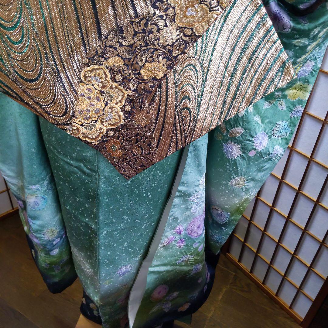 295【最終価格】翡翠色　金通し　落款辻ヶ花振袖6点フルセット成人式卒業式謝恩会
