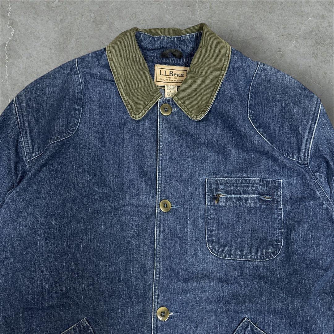 12]エルエルビーン デニムカバーオールジャケットブルゾン古着 襟コーデュロイ