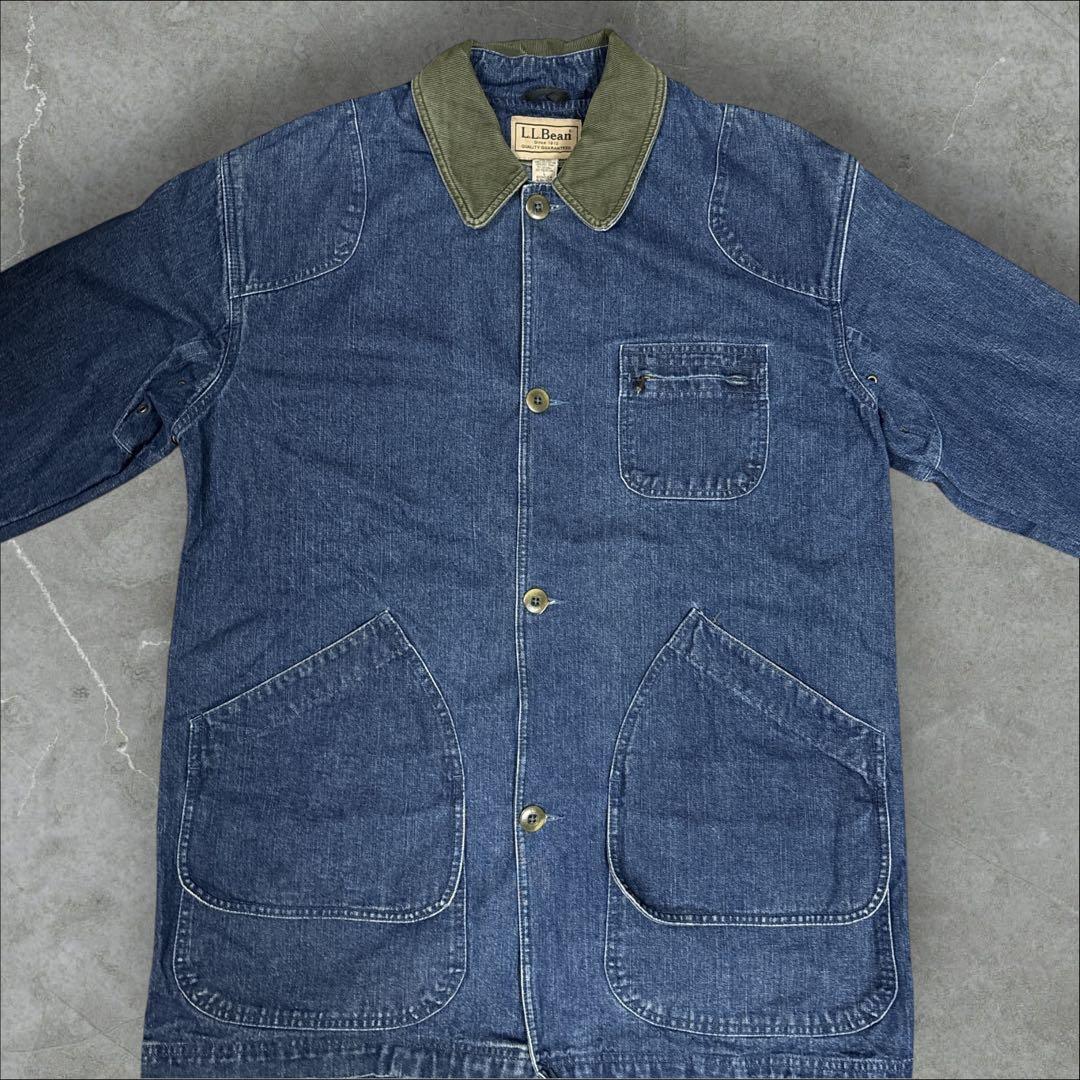 12]エルエルビーン デニムカバーオールジャケットブルゾン古着 襟コーデュロイ
