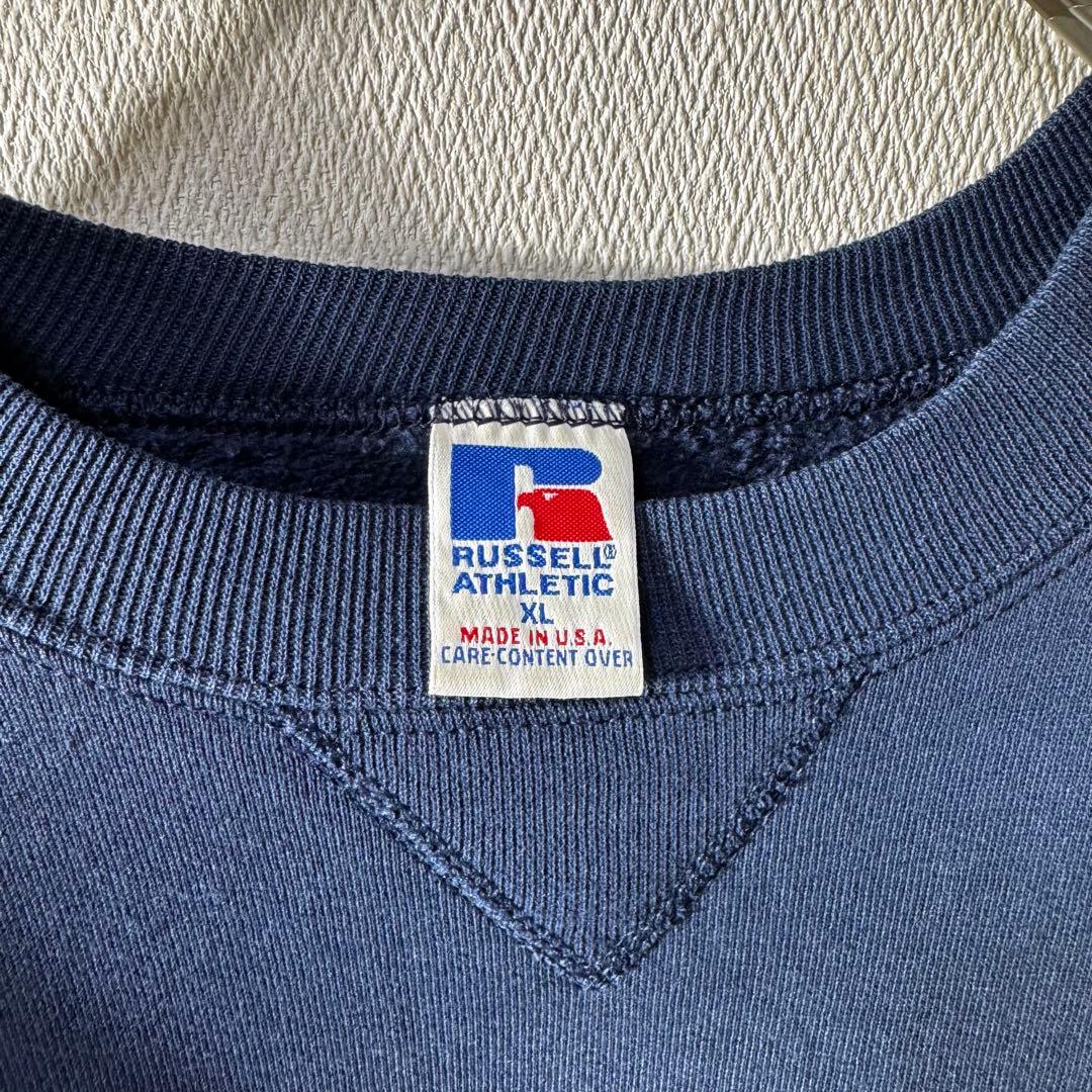 軍*手様 希少 90s USA製 RUSSELL PLAIN 無地 前V ネイビ